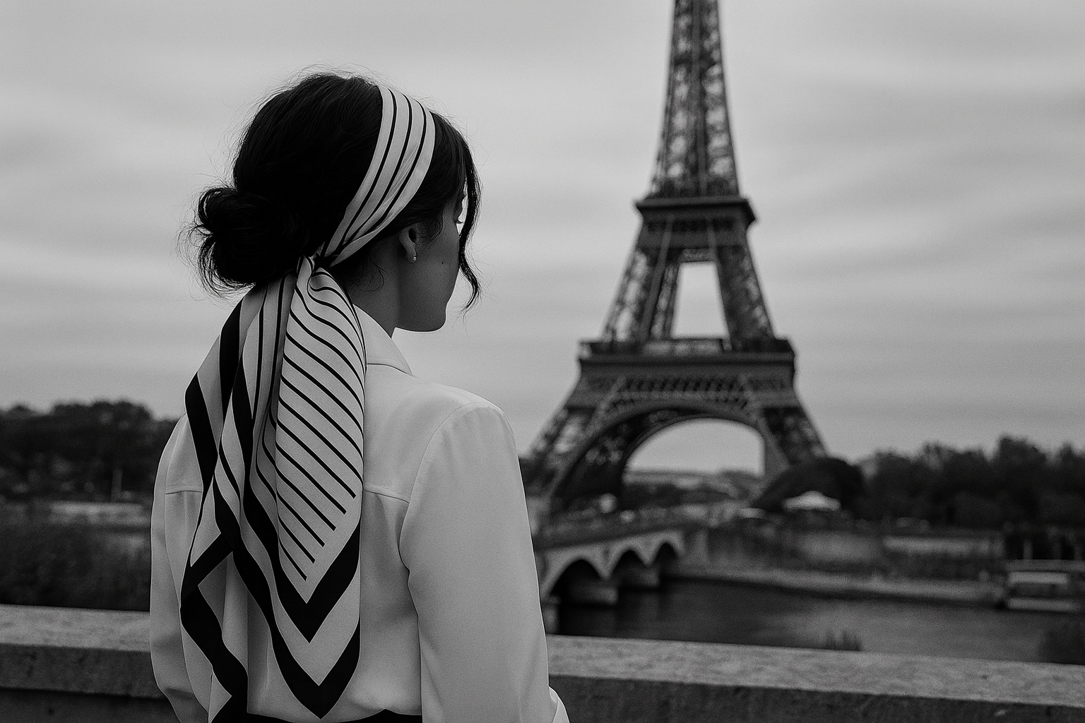 Woman with a scarf looking towards the Eiffel Tower in Paris