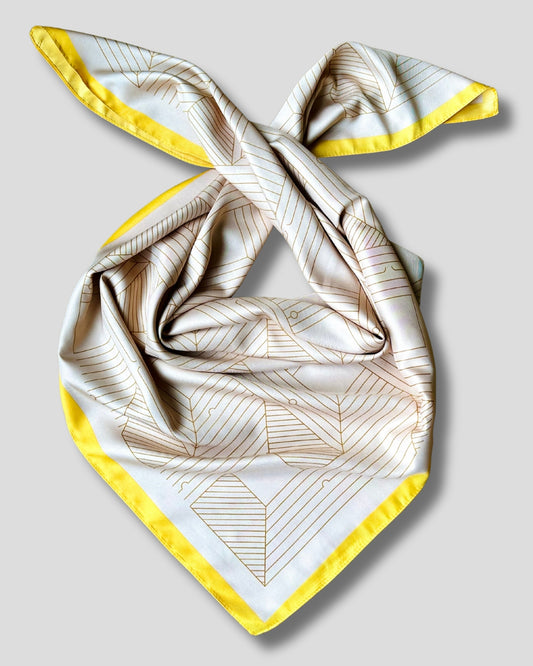 LARGE SQUARE GEOMETRIC SCARF | BEIGE, BROWN, YELLOW | 90X90 CM