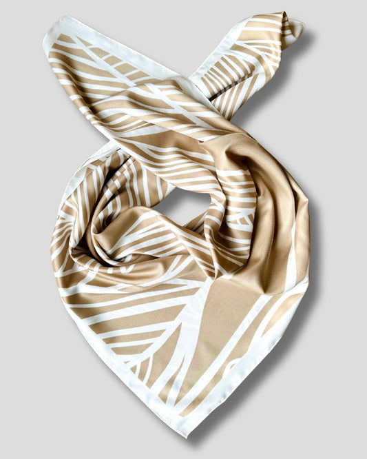 LARGE SQUARE LEAF PRINT SCARF | BEIGE, BROWN, WHITE | 90X90 CM