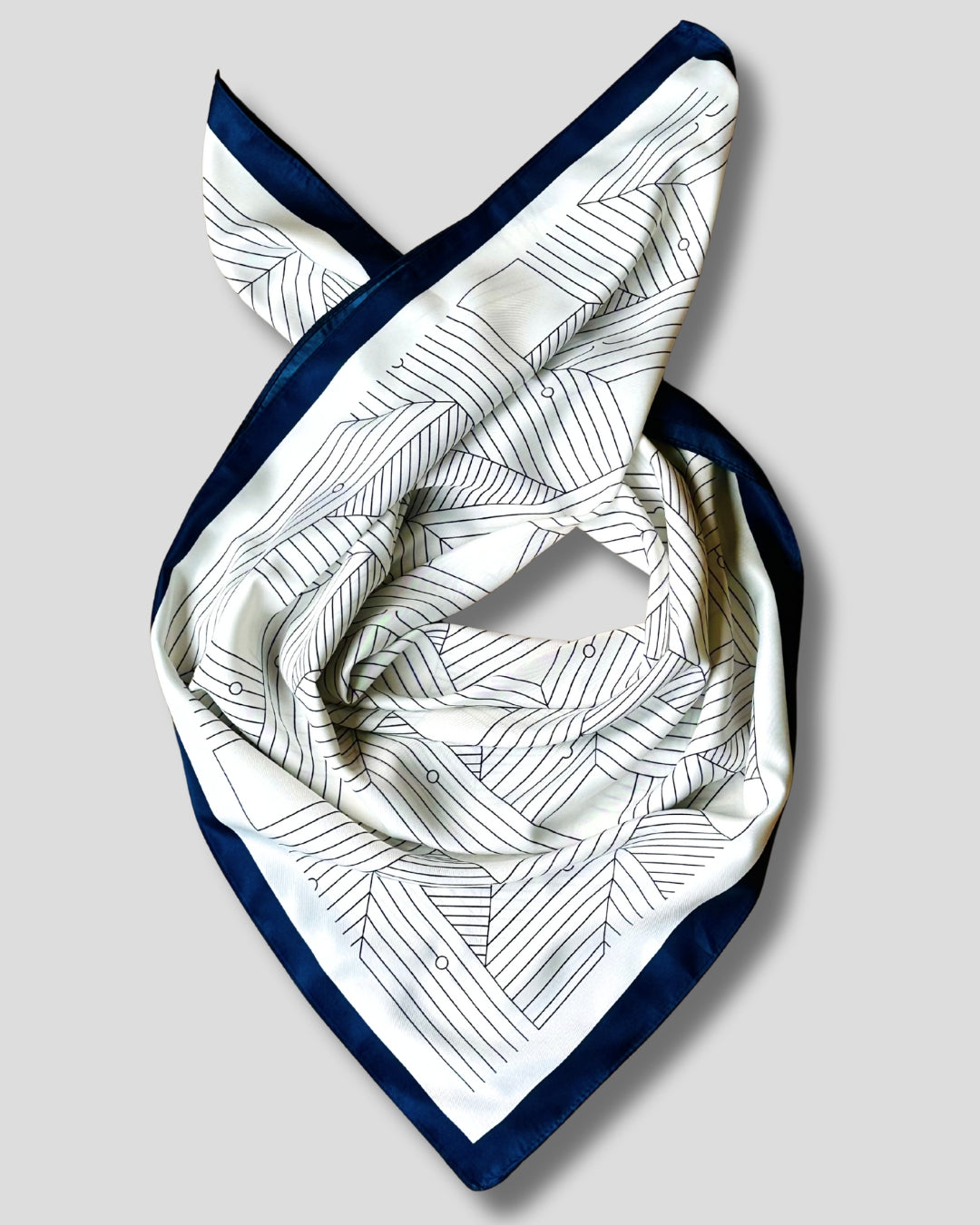 LARGE SQUARE GEOMETRIC SCARF | WHITE, NAVY BLUE | 90X90 CM