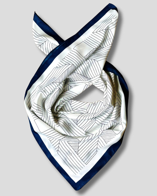 LARGE SQUARE GEOMETRIC SCARF | WHITE, NAVY BLUE | 90X90 CM