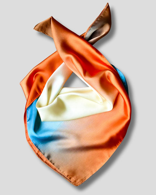 SQUARE SHINY AND ELEGANT SCARF | BLUE, WHITE, ORANGE | 60X60 CM